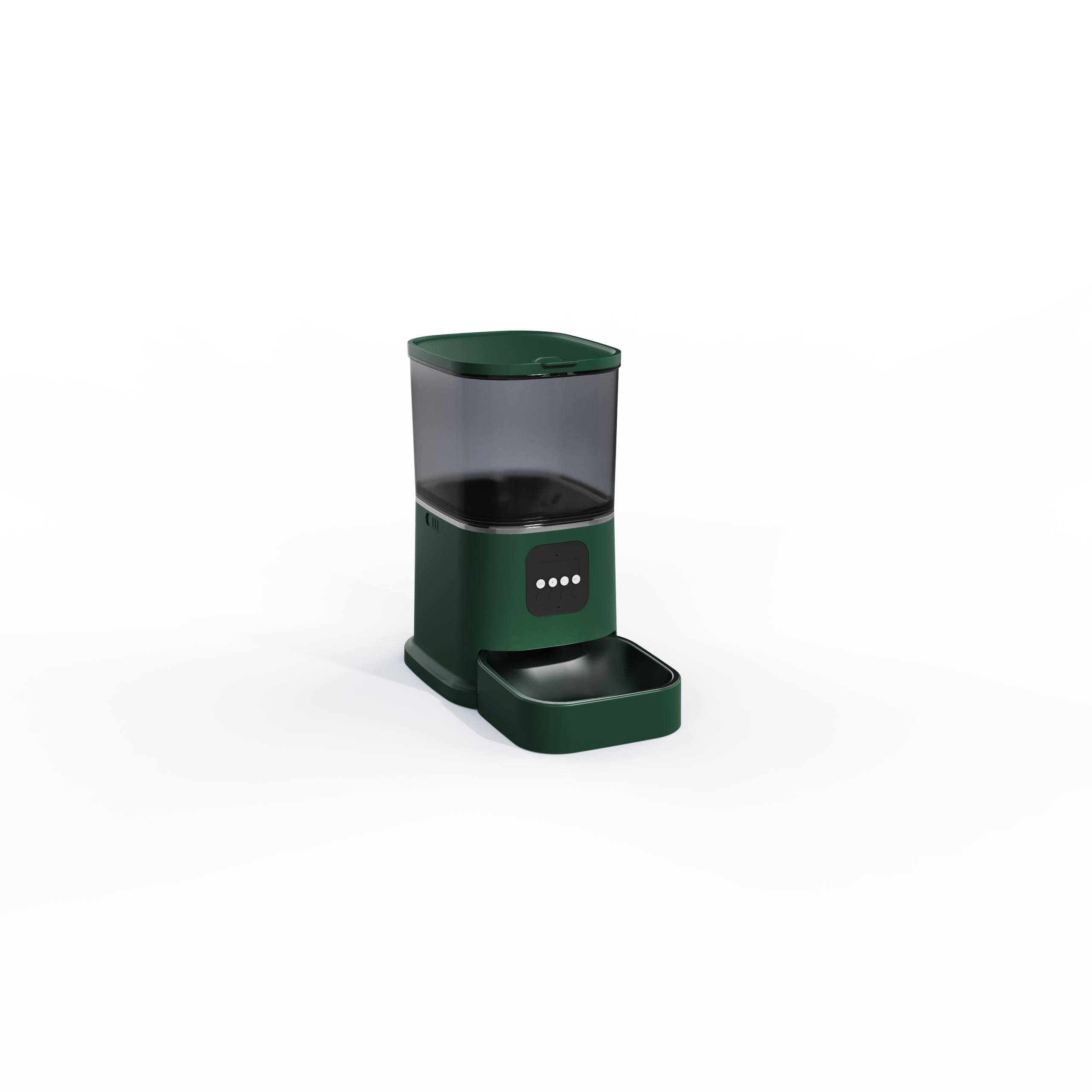 TAILNTAIL P9 smart pet feeder black and green detail showing conveyor-belt dispensing mechanism