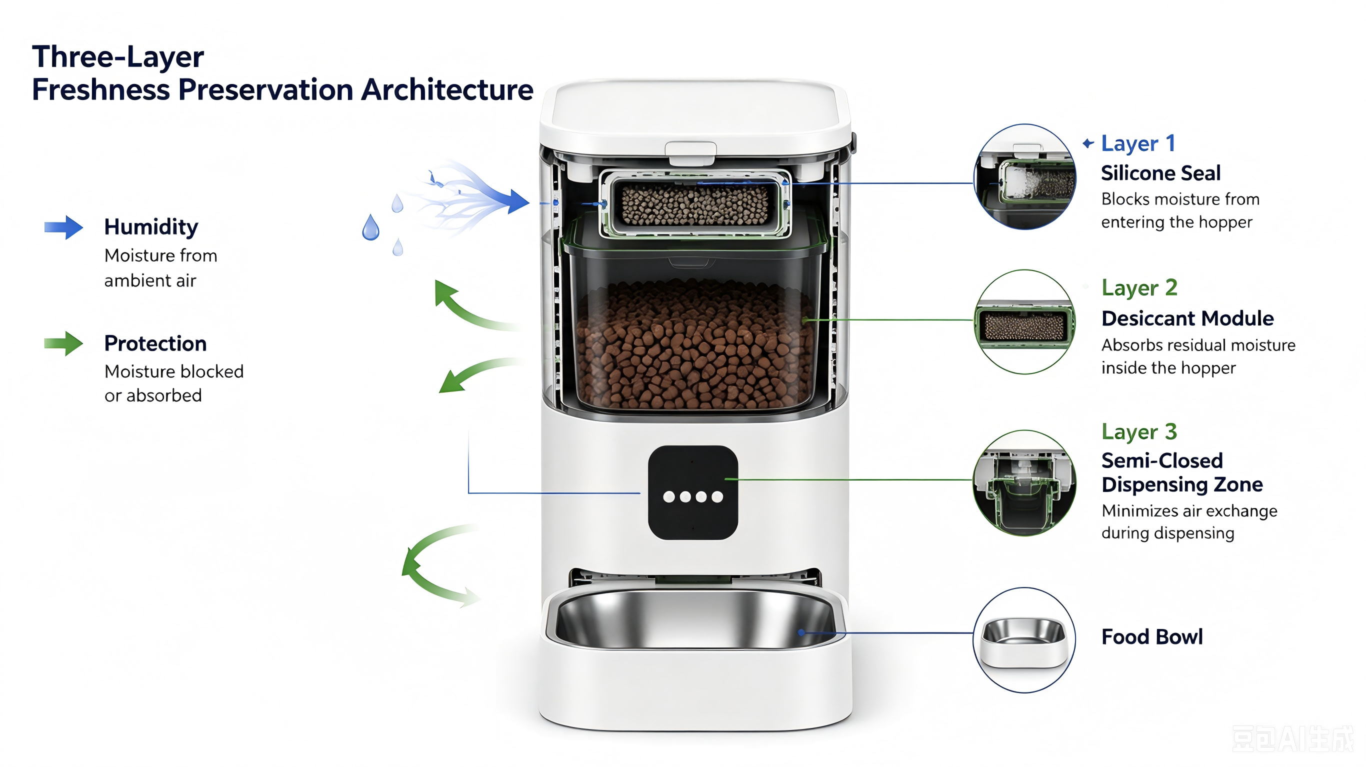 Three-Layer Freshness Preservation Architecture schematic of smart pet feeder: Layer 1 Silicone Seal, Layer 2 Desiccant Module, Layer 3 Semi-Closed Dispensing Zone plus Food Bowl, illustrating humidity blocking mechanisms