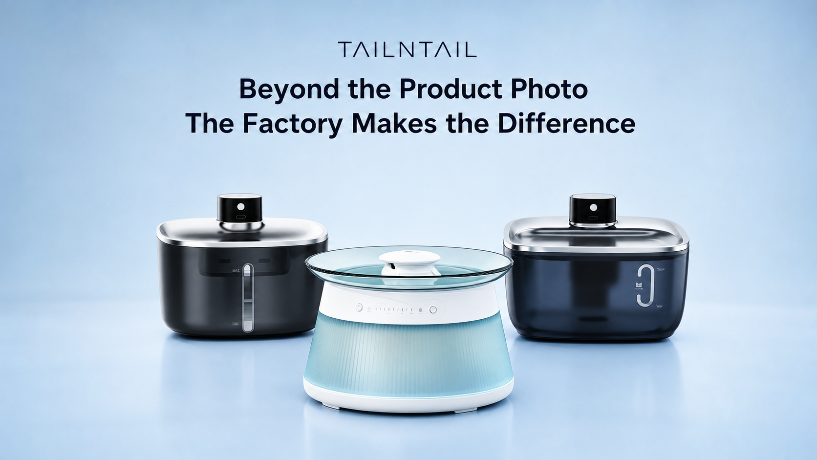 TAILNTAIL B2B banner: Beyond the Product Photo, The Factory Makes the Difference. Smart pet feeder and water fountain OEM ODM manufacturer for global brands