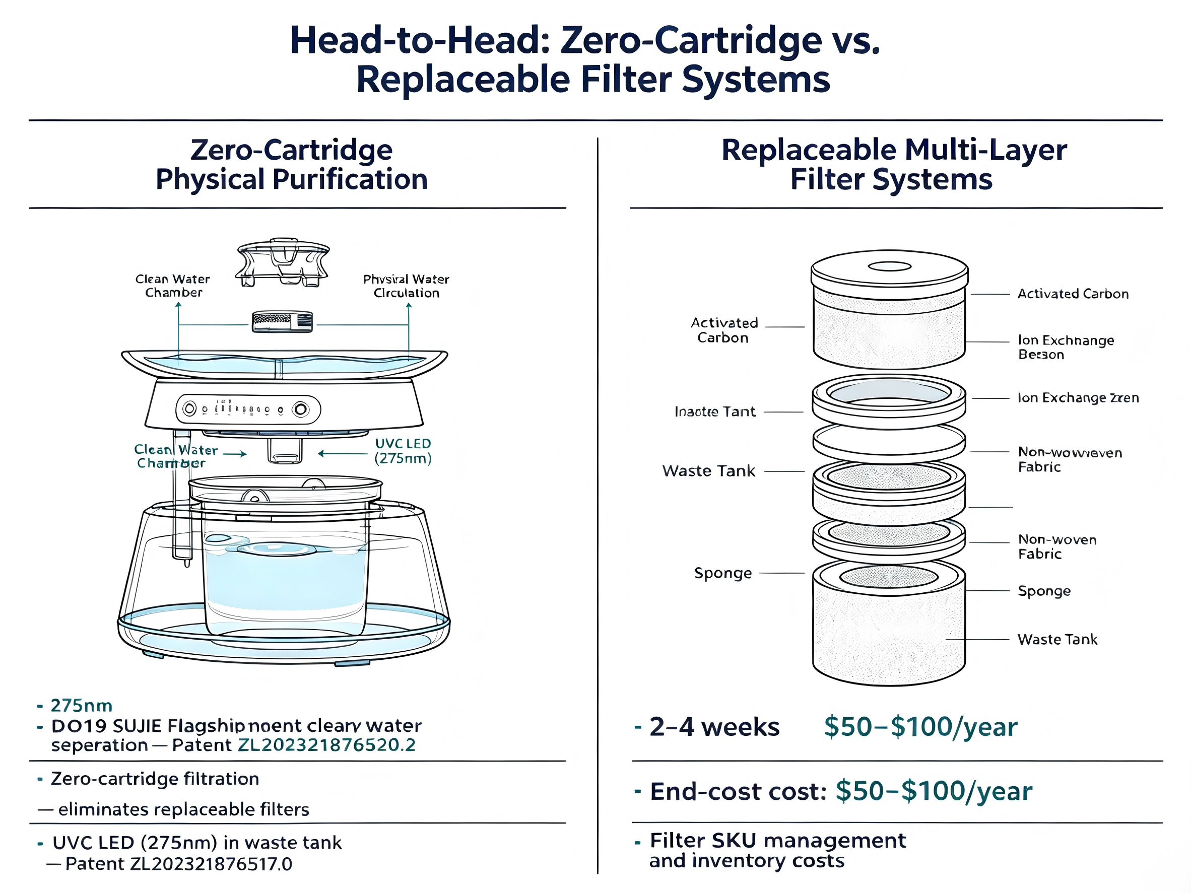 Zero-Cartridge vs Replaceable Filter System Comparison for Pet Water Fountains