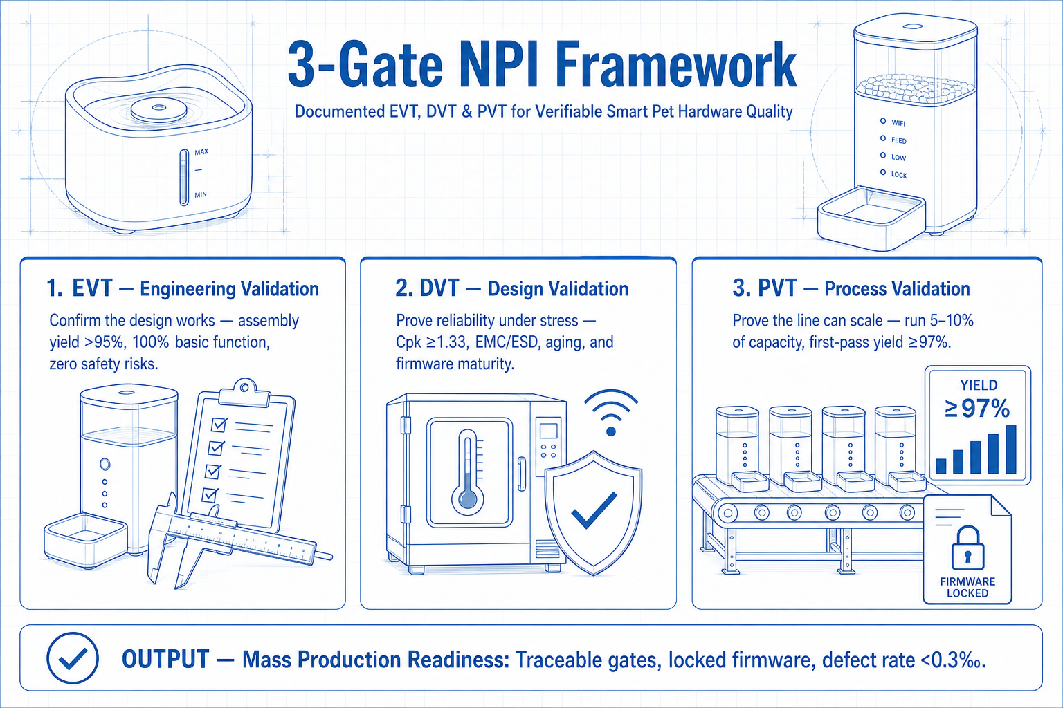 3‑Gate NPI Framework: EVT, DVT & PVT verification for smart pet hardware quality