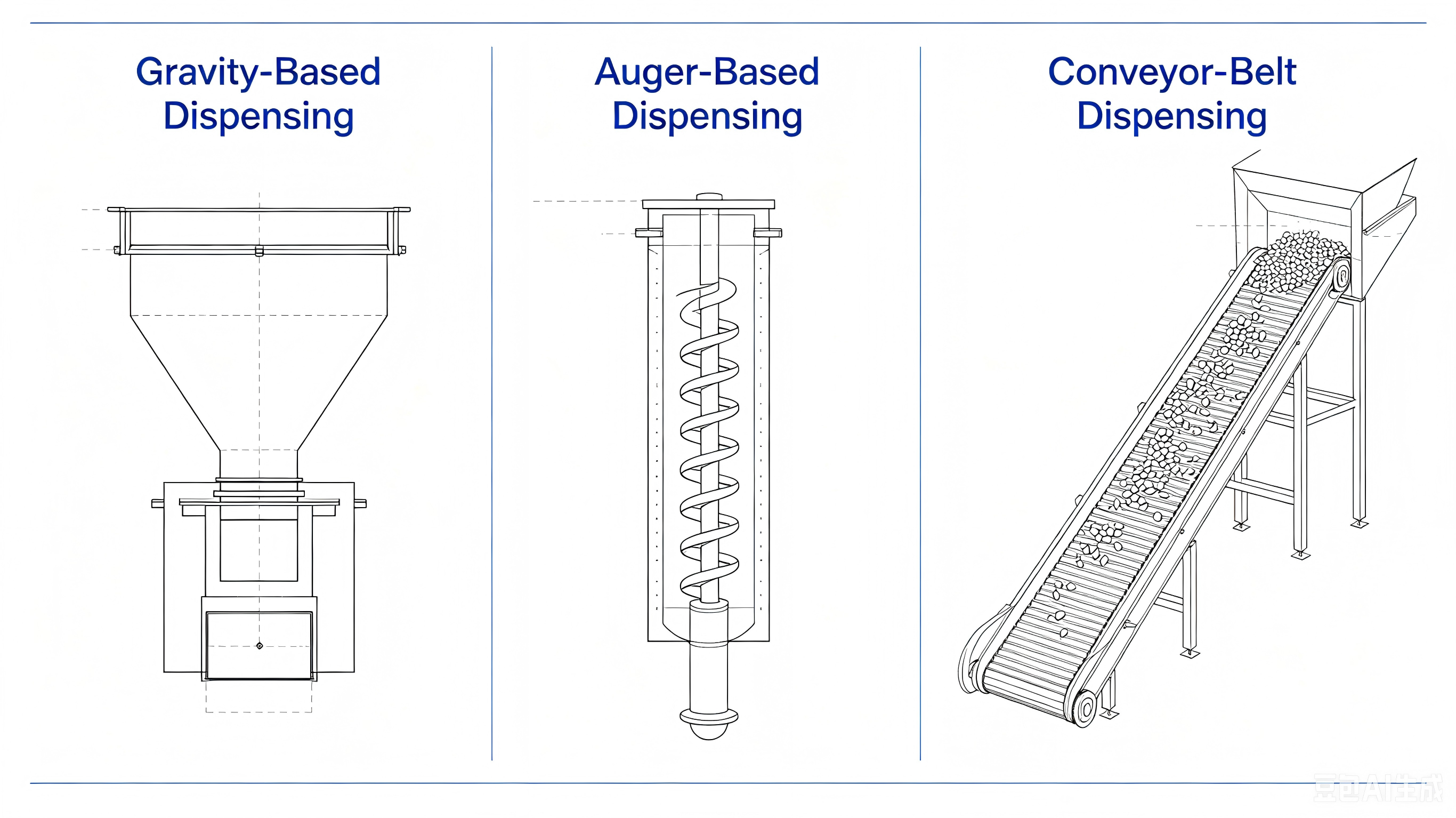 Three pet-feeder dispensing mechanisms: Gravity-Based, Auger-Based, Conveyor-Belt Dispensing